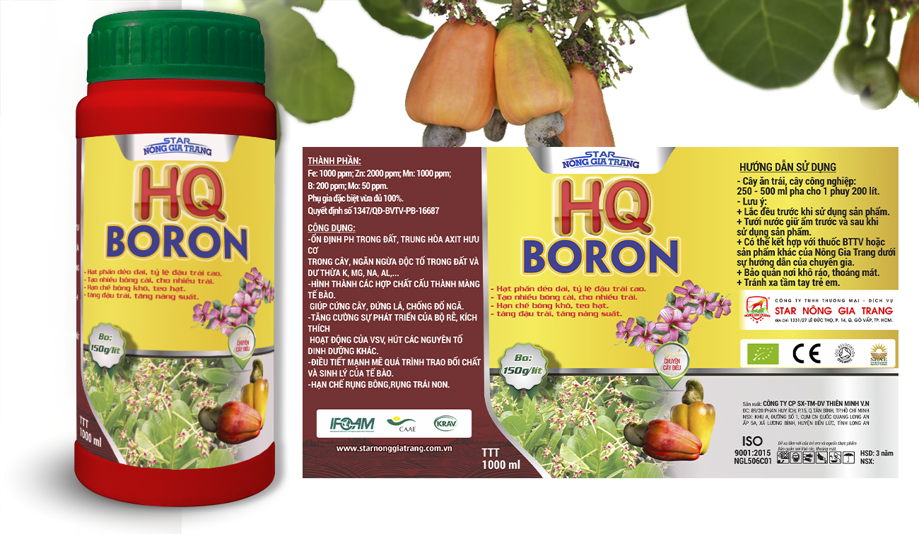Phân bón HQ BORON 1000ml - Phân bón Chuyên Cây Điều - Phân bón STAR Nông Gia Trang Phân bón HQ BORON 1000ml - Phân bón Chuyên Cây Điều - Phân bón STAR Nông Gia Trang