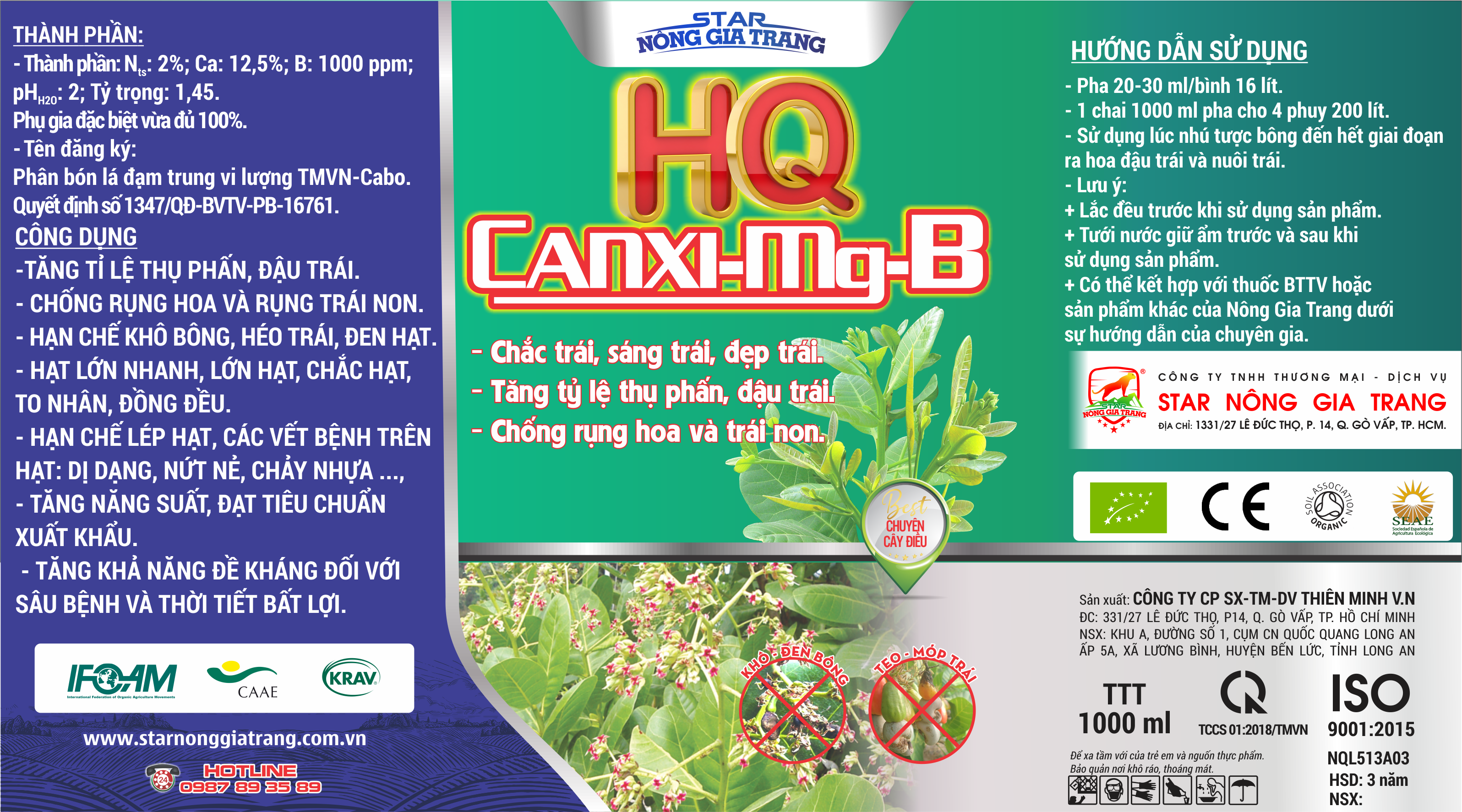 Phân bón HQ CANXI-MG-B 1000ml – Phân bón Chuyên Cây Điều – Phân bón STAR Nông Gia Trang